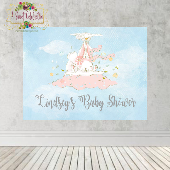 Stork Baby Shower with Cute Bunny Personalized Large Backdrop Banner JPG