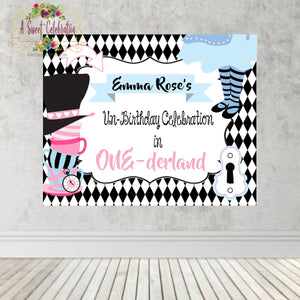 Alice's in ONE-derland Tea Party Birthday Personalized Backdrop Pink - Printable JPG Personalized Birthday Backdrop