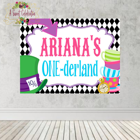 Alice's in ONE-derland Tea Party- Printable PDF Personalized Birthday Backdrop