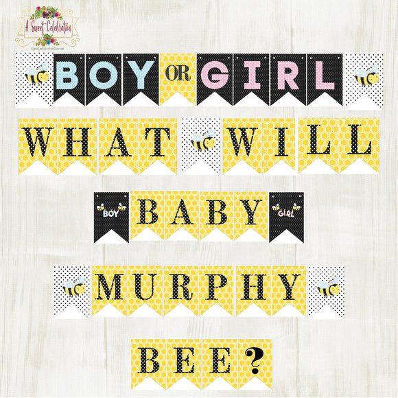 Bee Reveal - What will Baby Bee - Baby Reveal Personalized Printable Banner - DIY in PDF/JPG