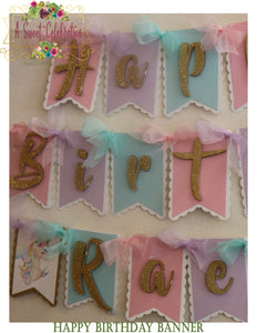 Magical Unicorn and Rainbow Pastel Personalized Happy Birthday Banner
