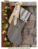 Farmhouse Christmas Stocking Black and Gold Personalized- Black Check with Stripe Cuff and Trim