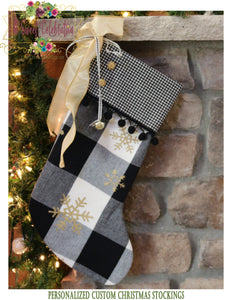 Farmhouse Christmas Stocking Black and Gold Personalized - Plaid with Check Cuff and Trim