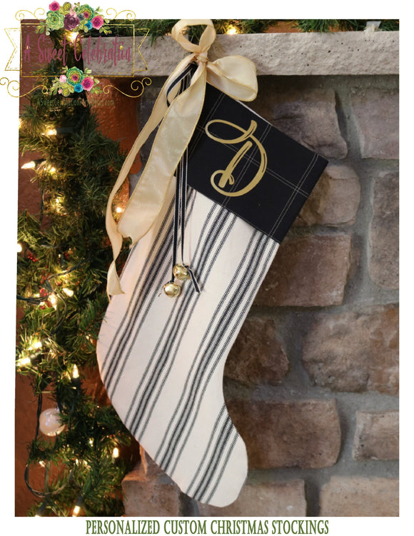 Farmhouse Christmas Stocking Black and Gold Personalized - Stripe with Plaid Cuff