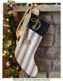 Farmhouse Christmas Stocking Black and Gold Personalized - Stripe with Plaid Cuff