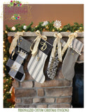 Farmhouse Christmas Stocking Black and Gold Personalized - Damask with Plaid Cuff
