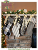 Farmhouse Christmas Stocking Black and Gold Personalized- Black Check with Stripe Cuff and Trim