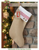 Burlap Christmas Stockings with Red Ticking Stripe Personalized  - Stripe with Horizontal stripe Cuff