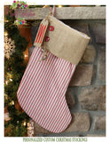 Burlap Christmas Stockings with Red Ticking Stripe Personalized