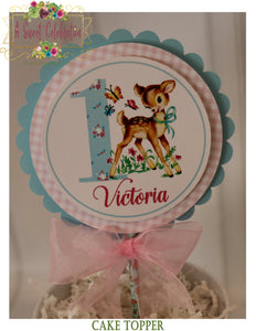 Vintage Woodland Deer Personalized Birthday Cake Topper or Centerpiece Pick