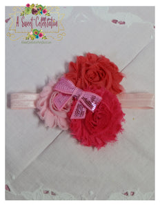 Shabby Flower Infant Headband - Coral, pink and ivory with Rhinestone Bow Accent