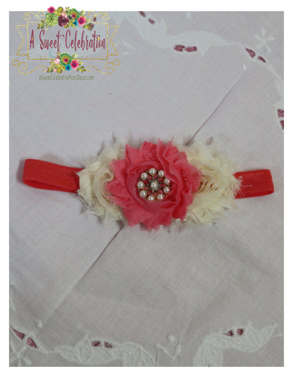 Flower Infant Headband - Coral and Ivory with Pearl Accents