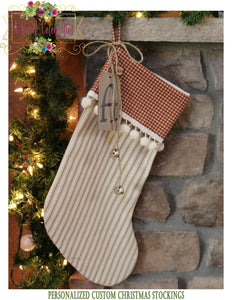 Cowboy Christmas Stocking Personalized - Ticking Stripe with Gingham Cuff and Trim