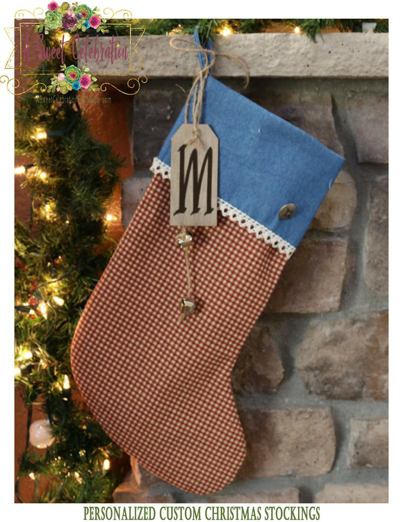 Cowboy Christmas Stocking Burlap and Denim Personalized - Gingham with Denim cuff and Trim