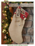 Cowboy Christmas Stocking Burlap and Denim Personalized - Burlap Stocking with Cowboy Print Cuff