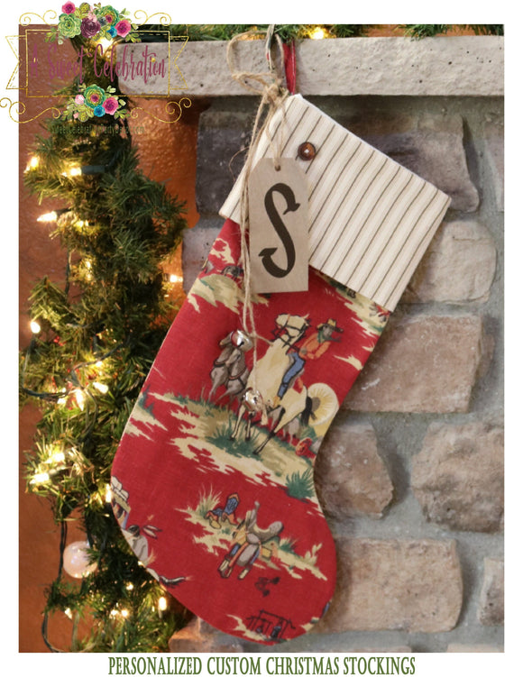 Cowboy Christmas Stocking Burlap and Denim Personalized - Cowboy Print with Ticking Stripe Cuff