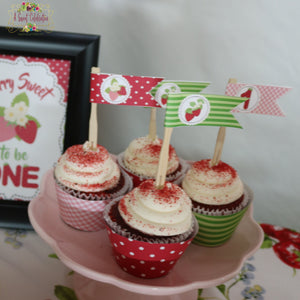 Berry Sweet Strawberry  Birthday - PDF Printable Signs - Cupcake Flags and cupcake wrappers - Instant Digital Download
