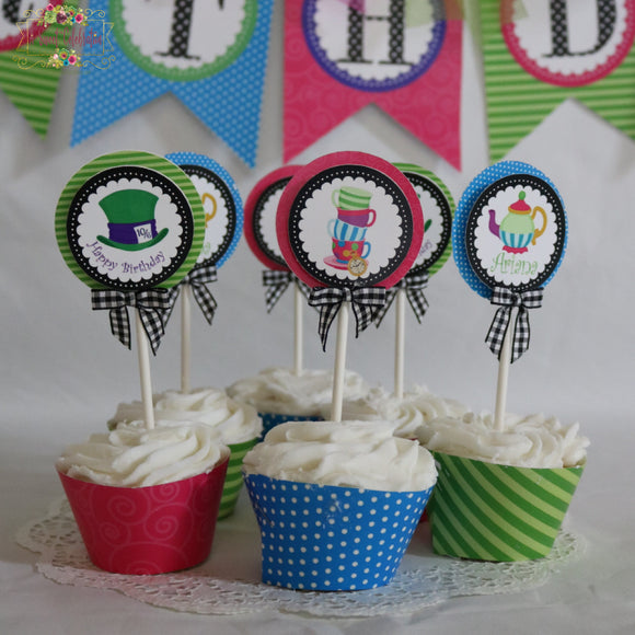 Alice's in ONE-derland Tea Party- Personalized Birthday cupcake toppers with matching cupcake wrappers