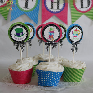 Alice's in ONE-derland Tea Party- Personalized PDF Printable Cupcake toppers and cupcake wrappers