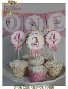 Woodland Deer Floral Birthday Personalized Birthday Cupcake Toppers with Cupcake Wrappers