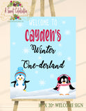 Cute Penguins Winter ONEderland Pink - Printable 16" X 20" Welcome Sign
