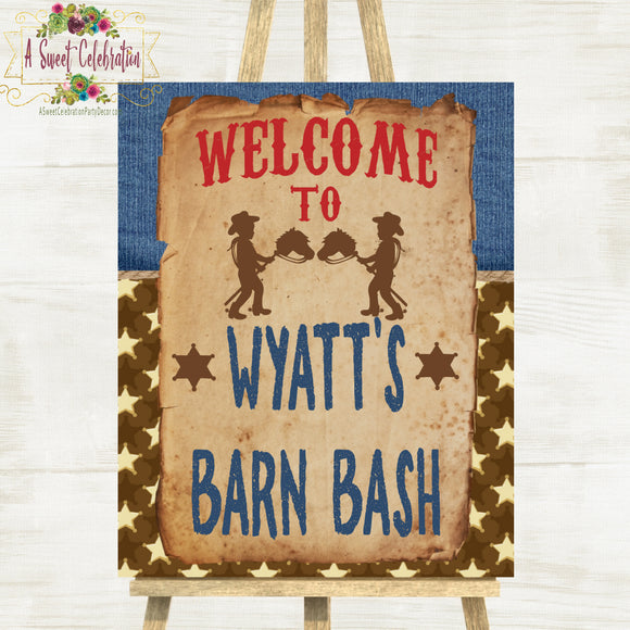 Little Cowpoke - Cowboy Happy 1st Birthday Personalized Welcome Barn Bash Sign Printable - 16x20