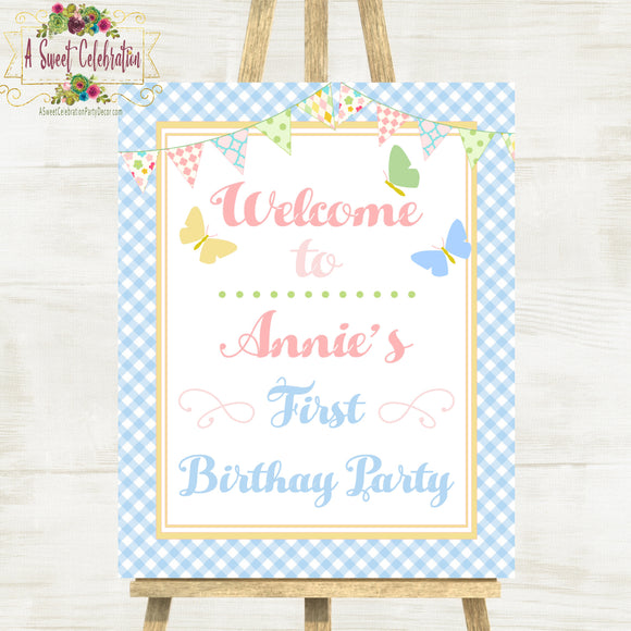 Pastel Pink Butterfly 1st Birthday Personalized Large Welcome Sign 16x20