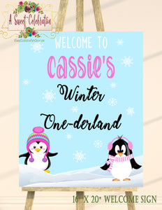Cute Penguins Winter ONEderland Pink - Printable 16" X 20" Welcome Sign