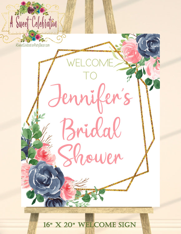 Bridal Shower Navy - Blush - Gold Floral - Personalized Welcome Sign 16