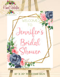 Bridal Shower Navy - Blush - Gold Floral - Personalized Welcome Sign 16"x20" Printable