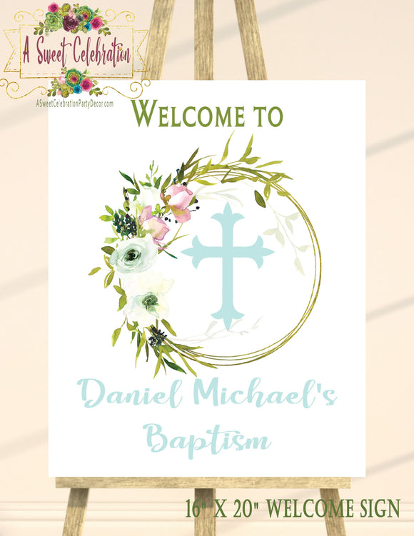 Aqua Blue Baptism, 1st Communion or Christening Welcome Sign in Soft Florals