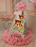 Vintage Woodland Deer Personalized 1st Birthday Fabric Rag Banner with Matching Hat