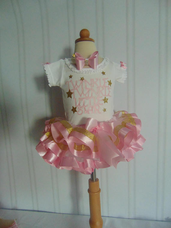 Twinkle, Twinkle Little Star Pink and Gold Outfit -  1, 2 or 3 pc option Top, Tulle Skirt and Top with Headband