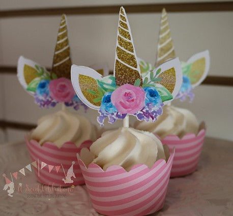 UNICORN FLORAL -  CUPCAKE TOPPERS WITH MATCHING CUPCAKE WRAPPERS