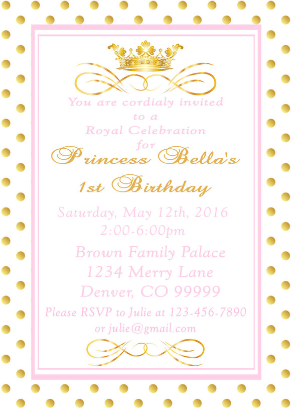 PRINCESS - PINK AND GOLD - PRINTABLE BIRTHDAY INVITATION - WITH MATCHING THANK YOU