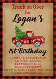 LITTLE RED TRUCK WITH CHRISTMAS TREE - HAPPY BIRTHDAY INVITATION 1ST BIRTHDAY