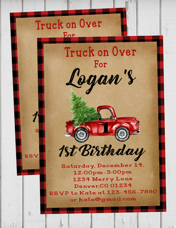 LITTLE RED TRUCK WITH CHRISTMAS TREE - HAPPY BIRTHDAY INVITATION 1ST BIRTHDAY