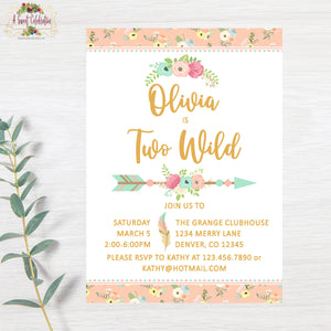 TWO WILD - BOHO - TRIBAL PRINTABLE BIRTHDAY INVITATIONS - WITH MATCHING THANK YOU