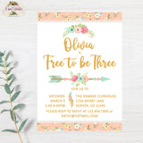 FREE TO BE THREE - BOHO - TRIBAL PRINTABLE BIRTHDAY INVITATIONS - WITH MATCHING THANK YOU