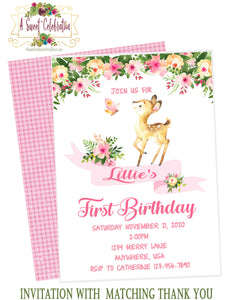 Woodland Deer Floral Birthday Personalized PDF Printable Birthday Invitation with Matching Thank You