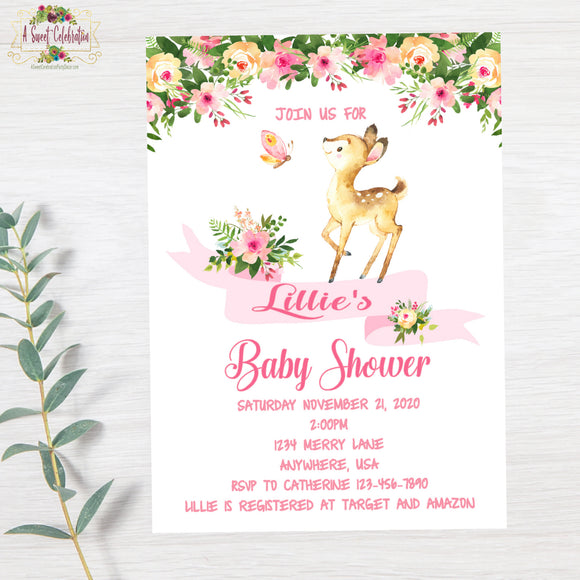 Woodland Floral Deer Baby Shower Personalized Invitation with Matching Thank You