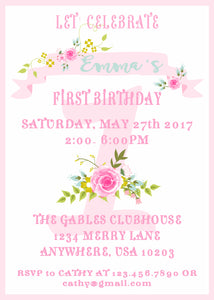 FLORAL SHABBY CHIC - BIRTHDAY PRINTABLE  INVITATION - WITH MATCHING THANK YOU