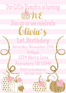 PUMPKIN PINK AND GOLD -PRINTABLE  BIRTHDAY INVITATION - WITH MATCHING THANK YOU