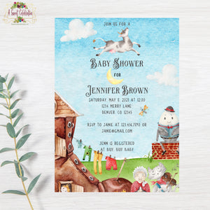 Mother Goose Nursery Rhymes Baby Shower PDF Printable Invitation with Matching Thank You