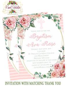 Baptism, 1st Communion or Christening Invitation in Blush Florals with Matching Thank You