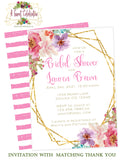 Bridal Shower Pink and Gold Floral Invitation with Matching Thank You - Digital Download