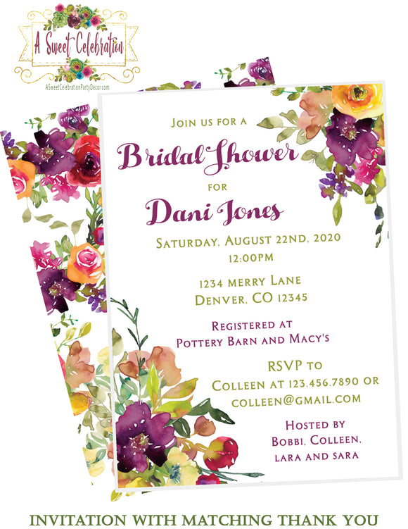 Bridal Shower Purple - Burgundy - Gold Fall Floral - Invitation with Matching Thank You