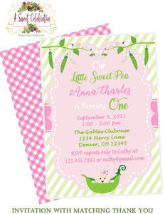 Sweet Pea 1st Birthday Invitation with Matching Thank You - Printable