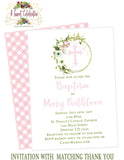 Aqua Blue Baptism,1st Communion or Christening Invitation in Soft Florals with Matching Thank You
