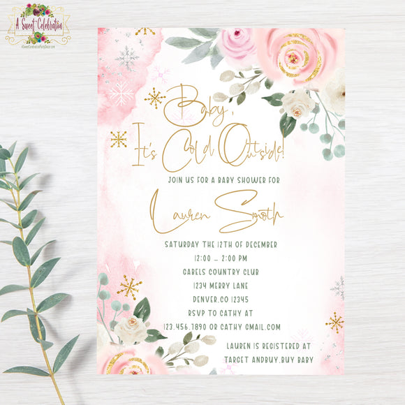Baby It's Cold Outside Pink and Gold Baby Shower Invitation  - Printable Girl Invitation with Matching Thank You